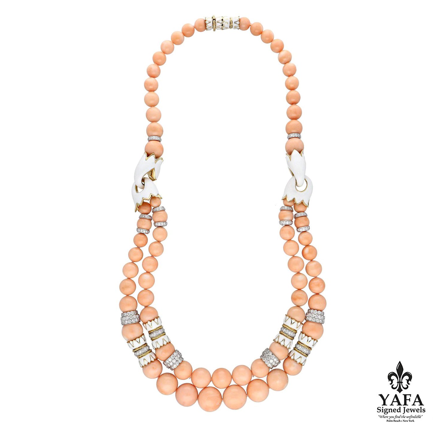 DAVID WEBB Coral Bead, White Enamel and Diamond Necklace