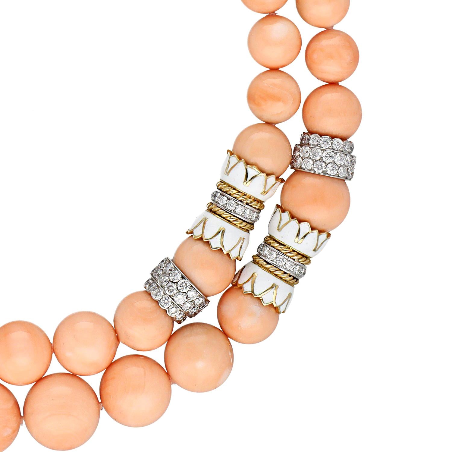 DAVID WEBB Coral Bead, White Enamel and Diamond Necklace