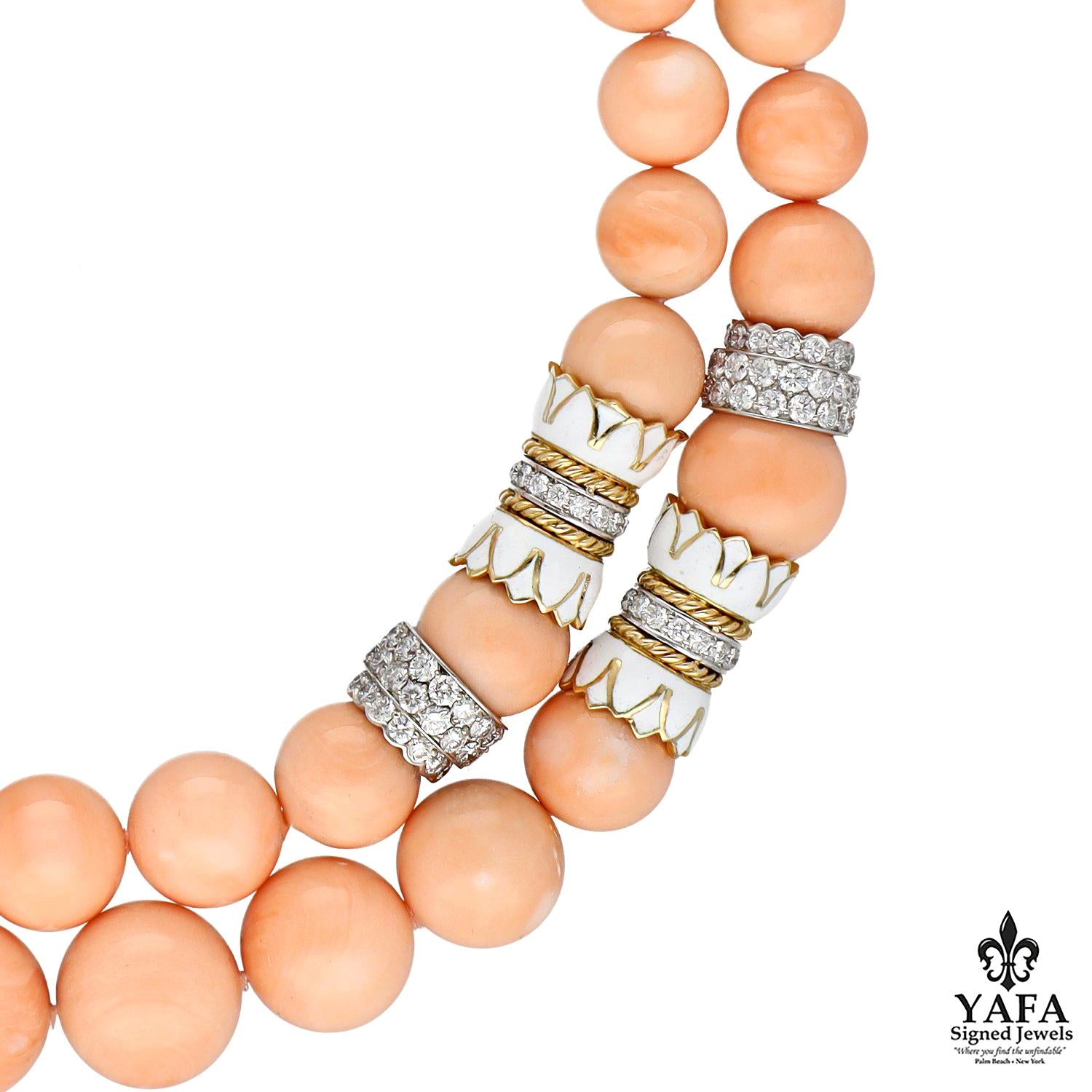 DAVID WEBB Coral Bead, White Enamel and Diamond Necklace