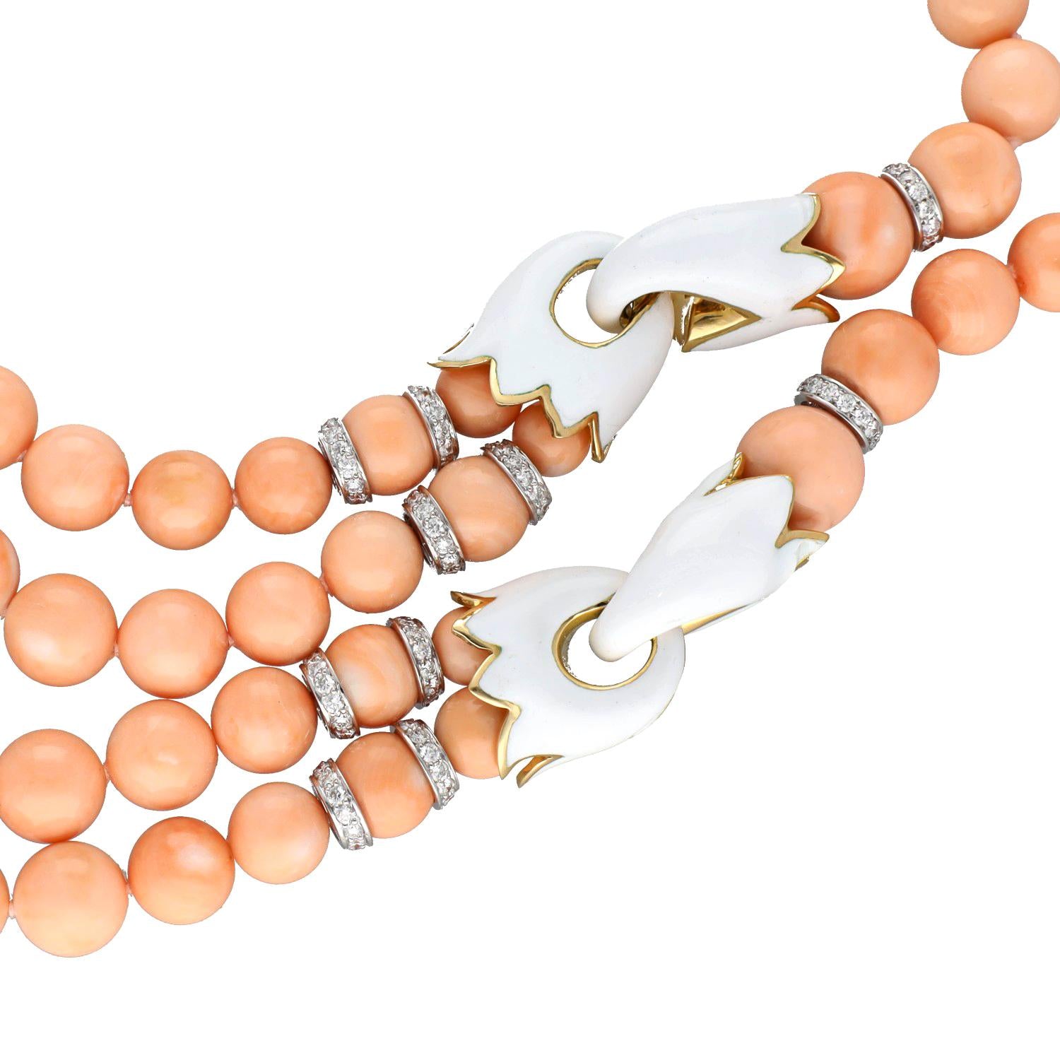 DAVID WEBB Coral Bead, White Enamel and Diamond Necklace