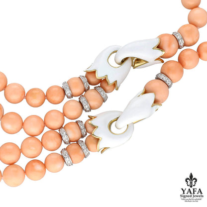 DAVID WEBB Coral Bead, White Enamel and Diamond Necklace