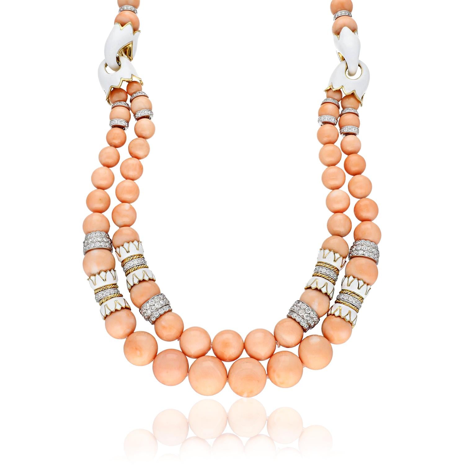 DAVID WEBB Coral Bead, White Enamel and Diamond Necklace