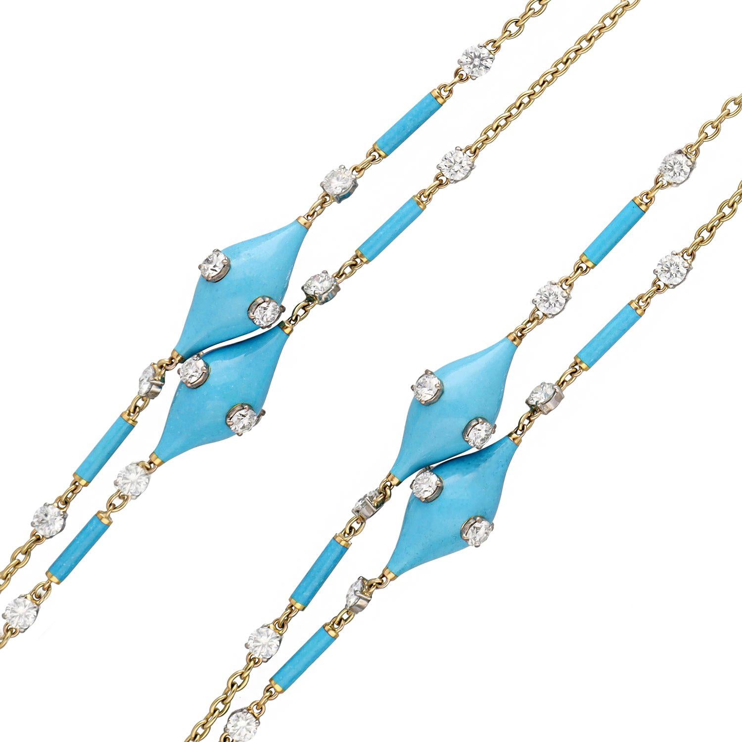 Turquoise, Blue Enamel and Diamond Chain Necklace - 37"