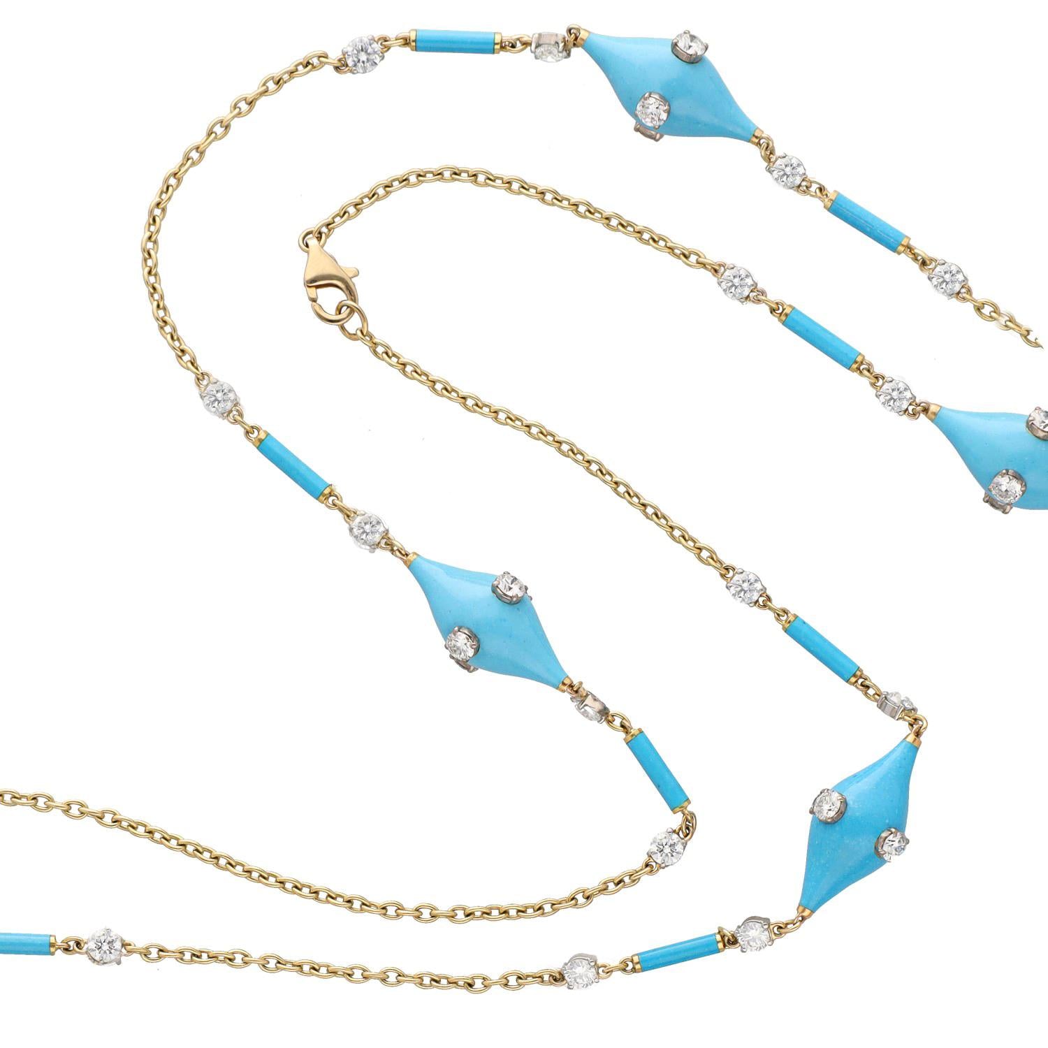 Turquoise, Blue Enamel and Diamond Chain Necklace - 37"