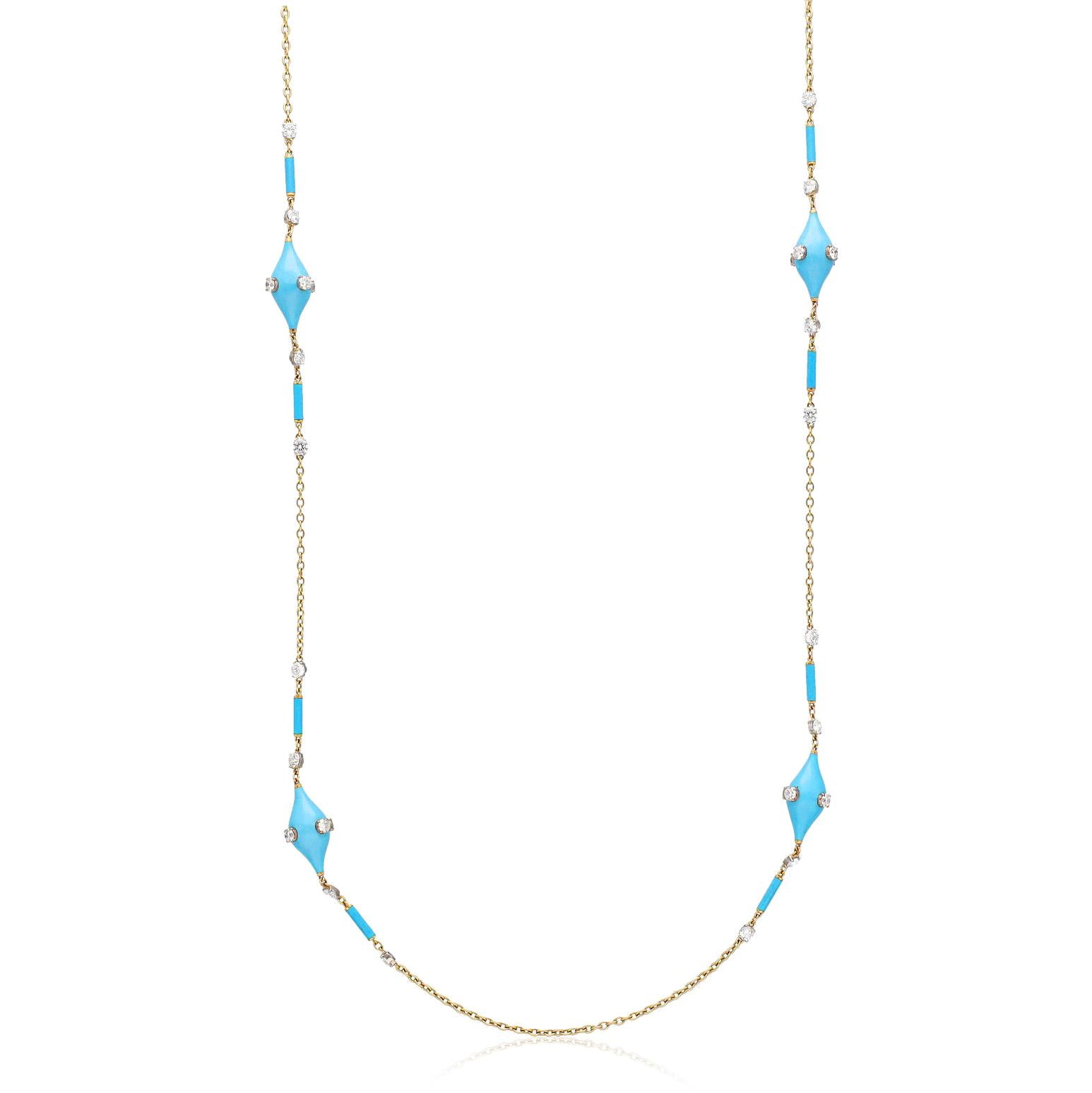 Turquoise, Blue Enamel and Diamond Chain Necklace - 37"