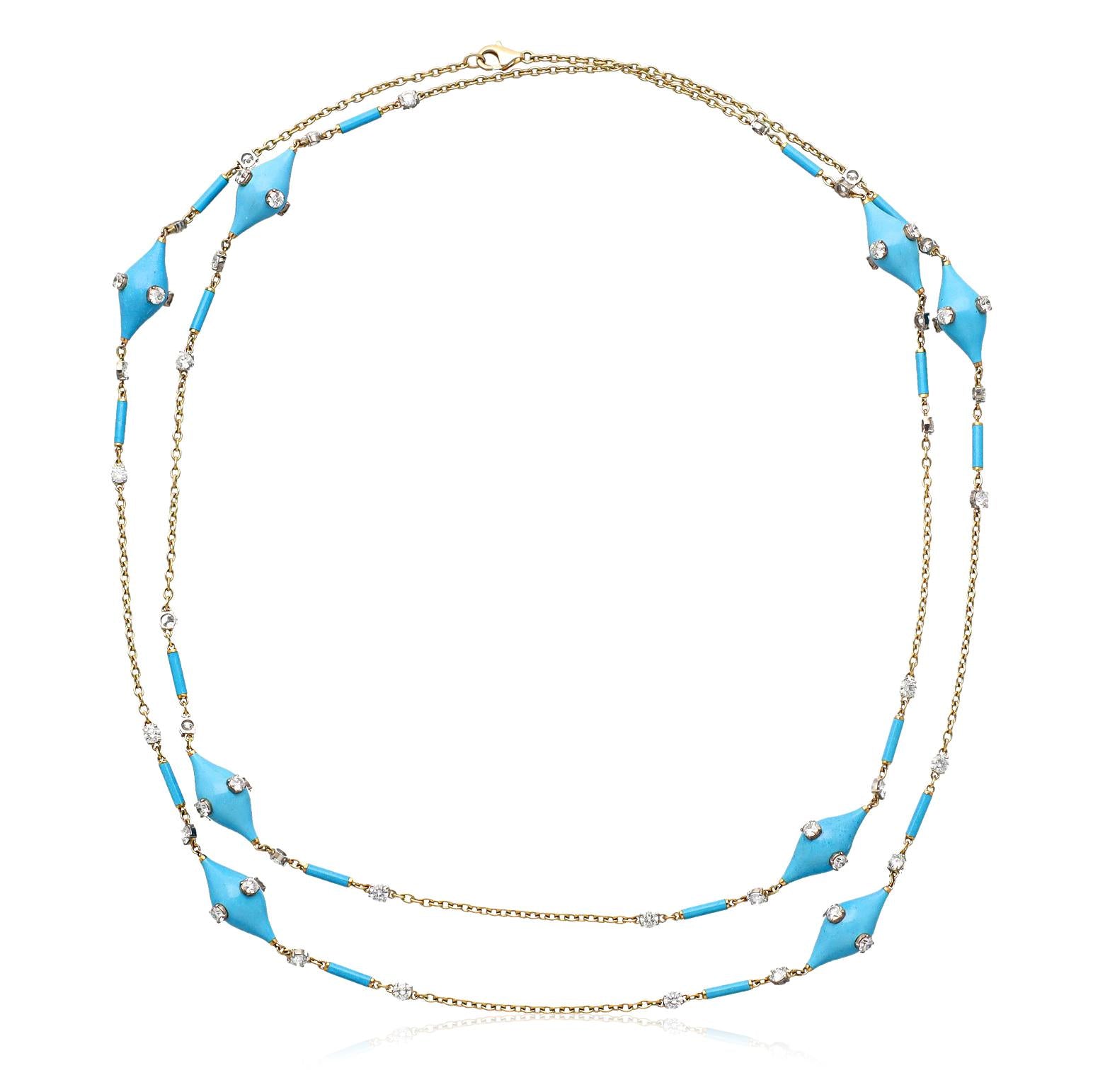 Turquoise, Blue Enamel and Diamond Chain Necklace - 37"