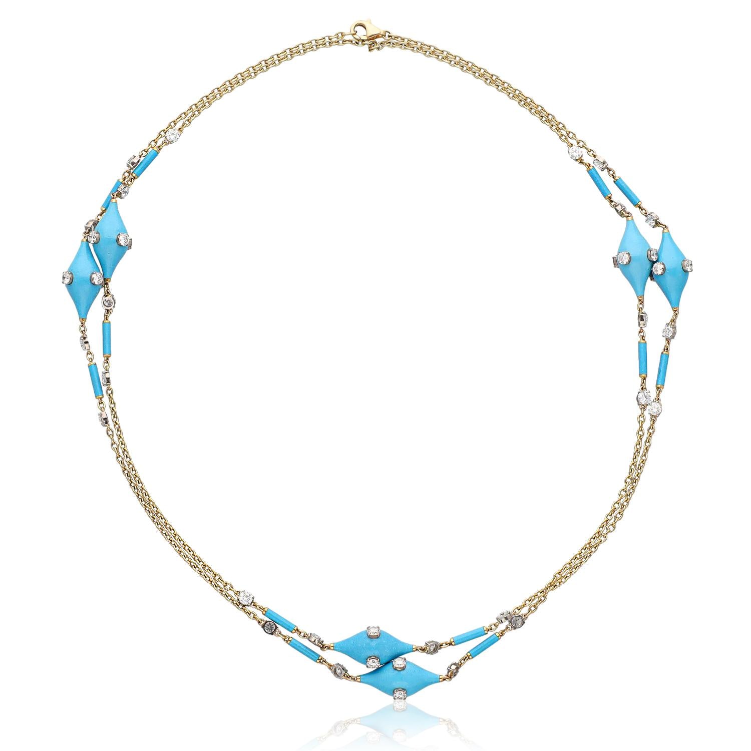 Turquoise, Blue Enamel and Diamond Chain Necklace - 33"