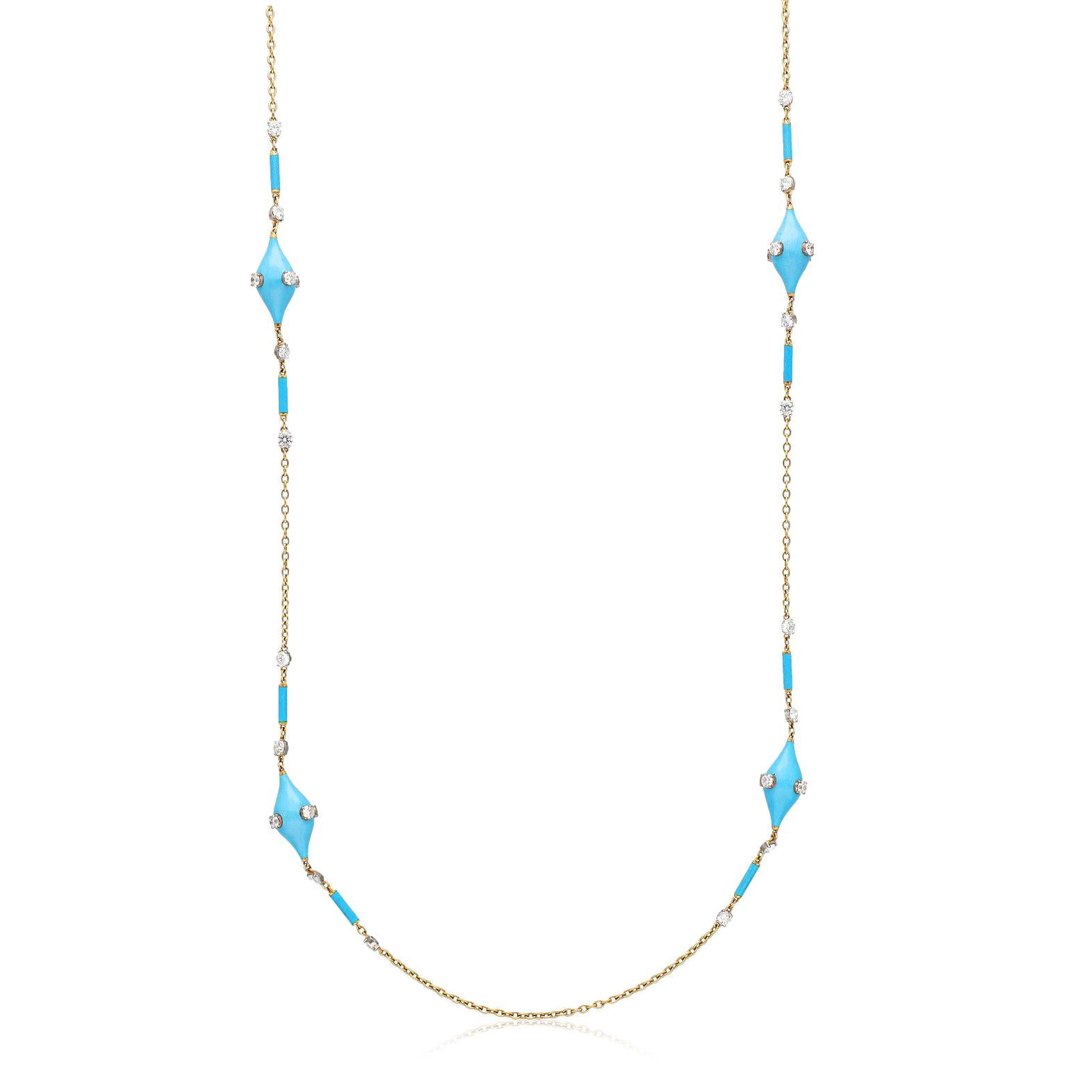 Turquoise, Blue Enamel and Diamond Chain Necklace - 33"