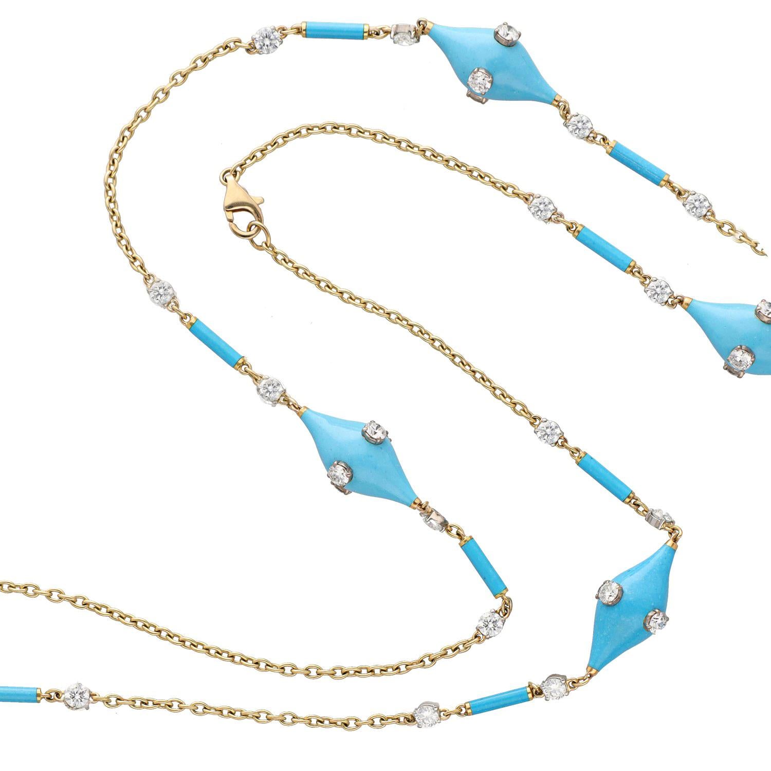 Turquoise, Blue Enamel and Diamond Chain Necklace - 33"