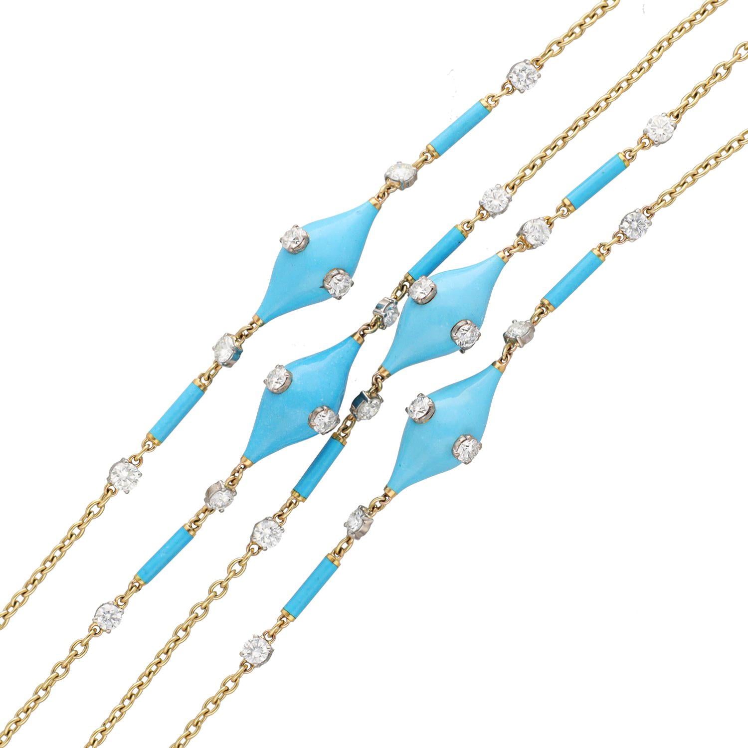 Turquoise, Blue Enamel and Diamond Chain Necklace - 33"