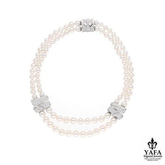 Van Cleef & Arpels 2 - Row Pearl Necklace with 3 - Diamond Barrel Clasps