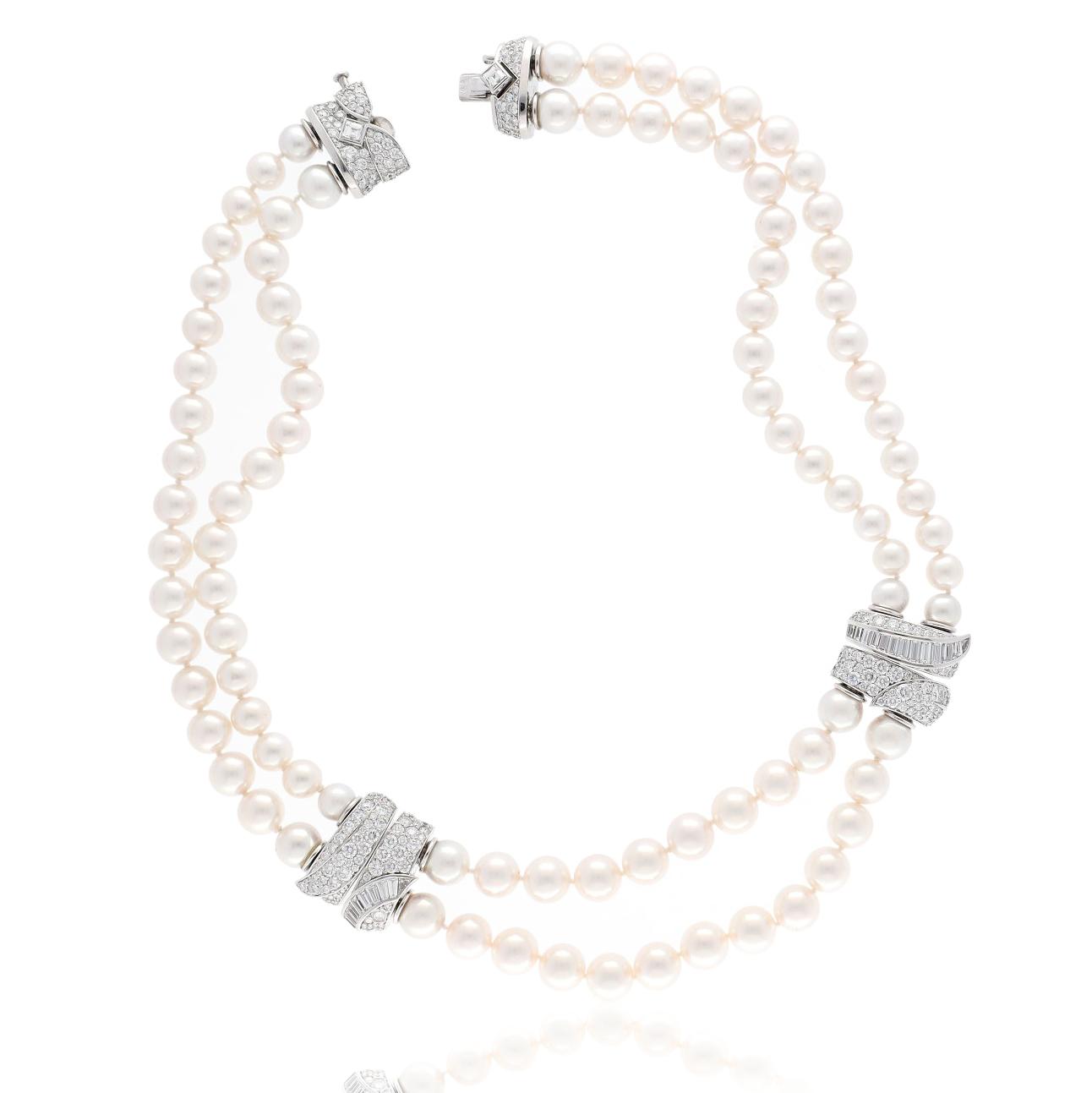 Van Cleef & Arpels 2 - Row Pearl Necklace with 3 - Diamond Barrel Clasps