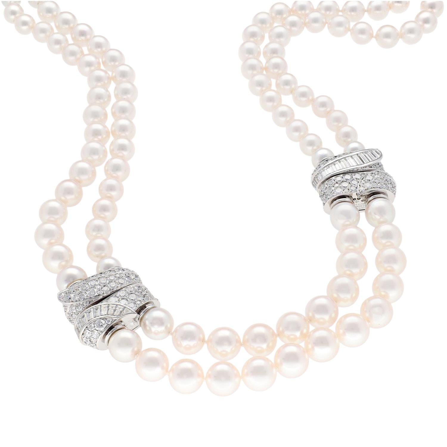 Van Cleef & Arpels 2 - Row Pearl Necklace with 3 - Diamond Barrel Clasps