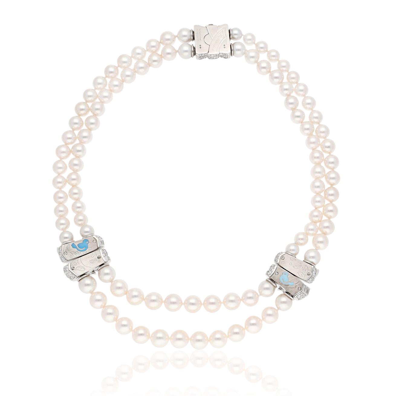 Van Cleef & Arpels 2 - Row Pearl Necklace with 3 - Diamond Barrel Clasps