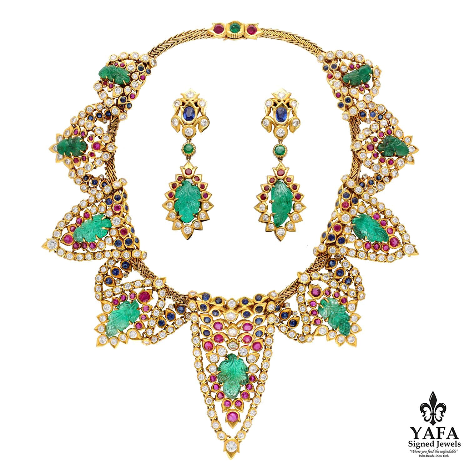 Cartier Paris Carved Emerald, Ruby, Sapphire and Diamond Demi-Parure