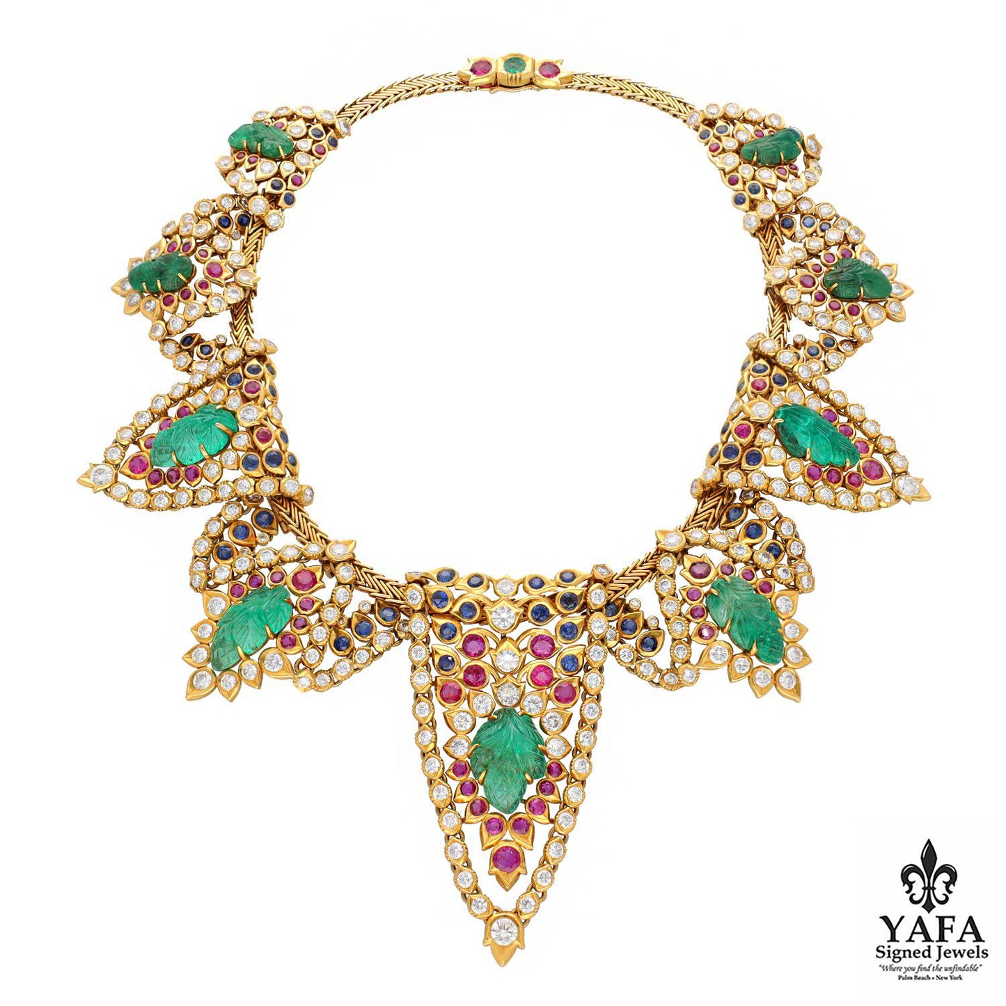 Cartier Paris Carved Emerald, Ruby, Sapphire and Diamond Demi-Parure