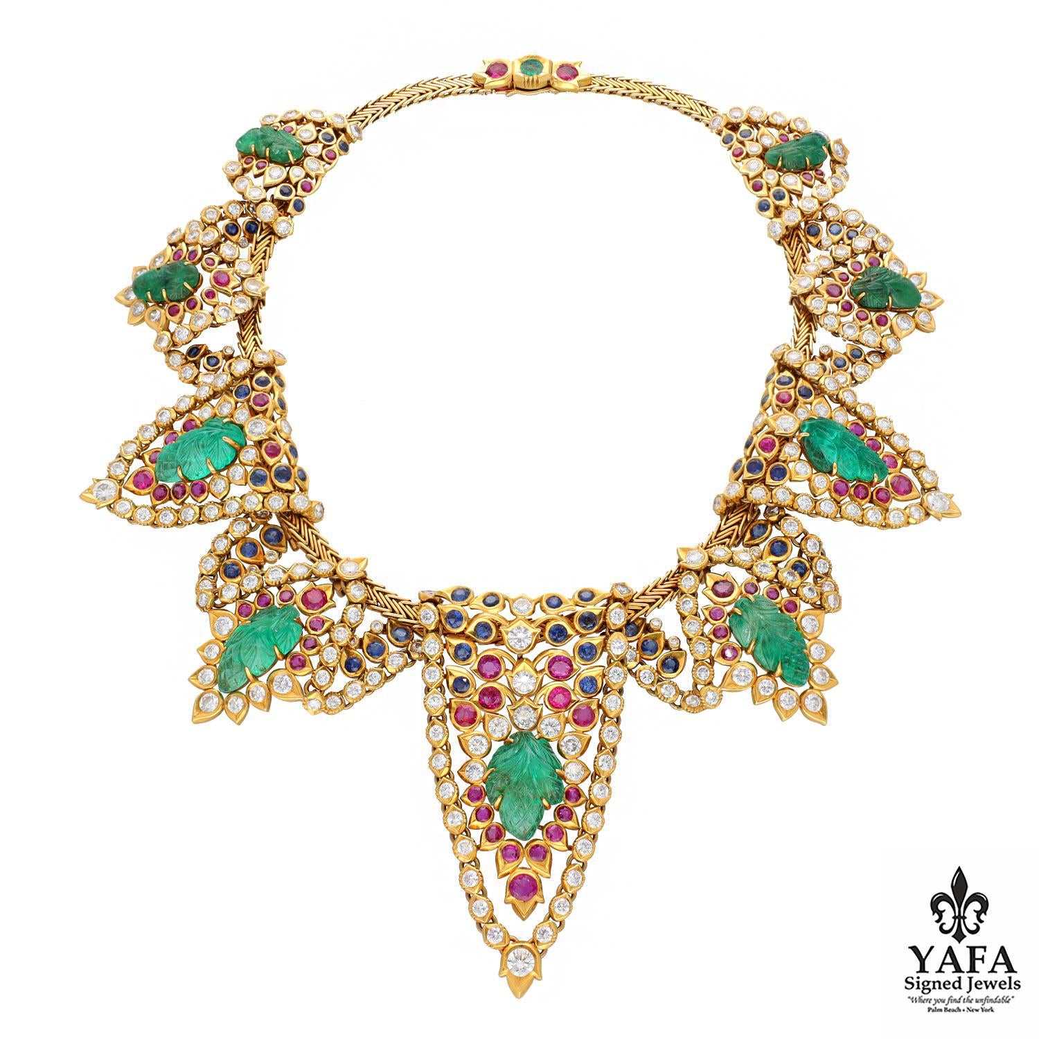 Cartier Paris Carved Emerald, Ruby, Sapphire and Diamond Demi-Parure