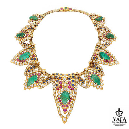 Cartier Paris Carved Emerald, Ruby, Sapphire and Diamond Demi-Parure