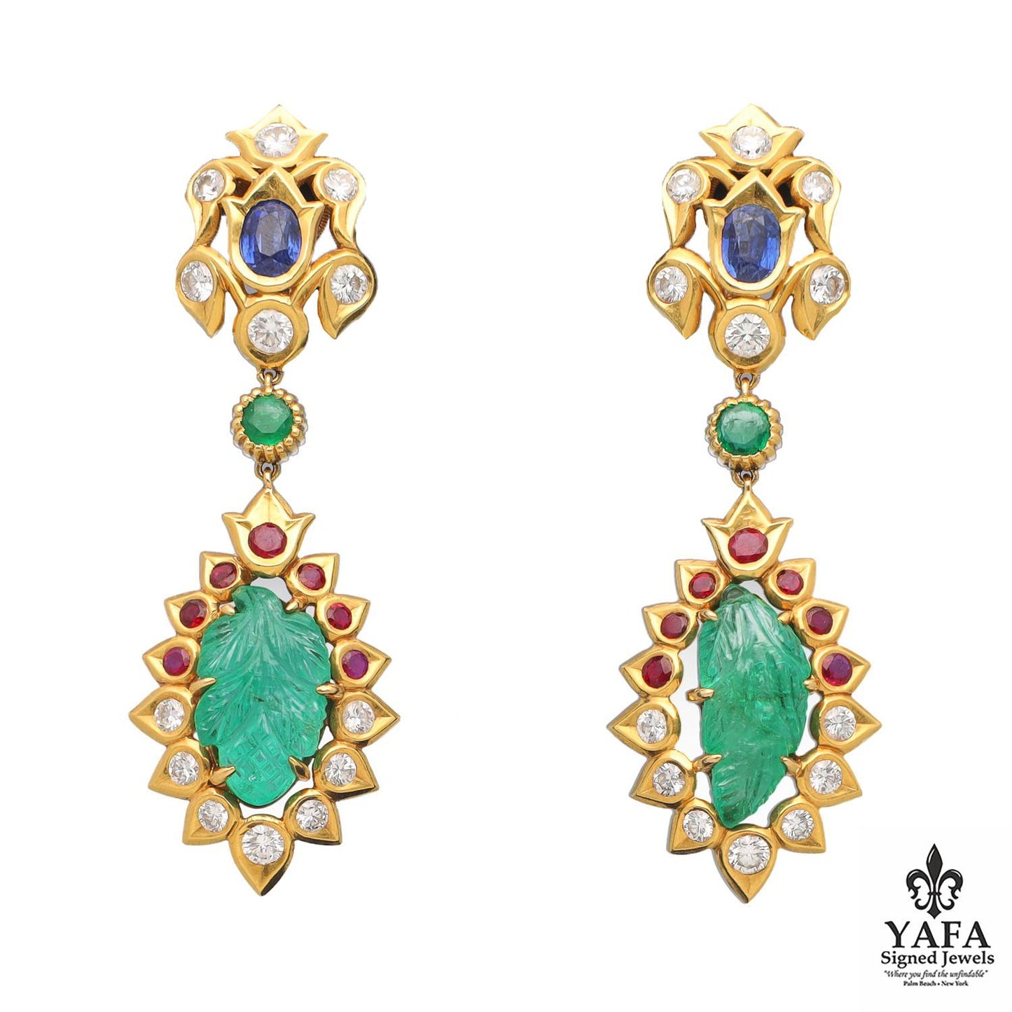 Cartier Paris Carved Emerald, Ruby, Sapphire and Diamond Demi-Parure