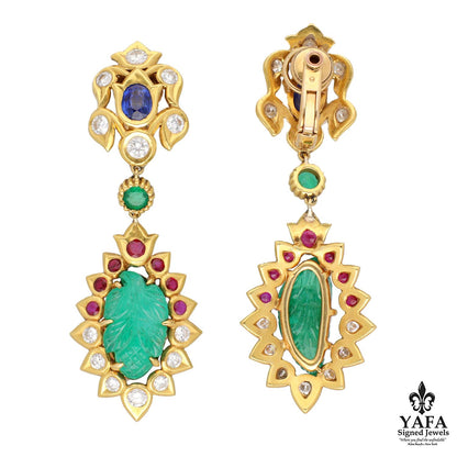 Cartier Paris Carved Emerald, Ruby, Sapphire and Diamond Demi-Parure