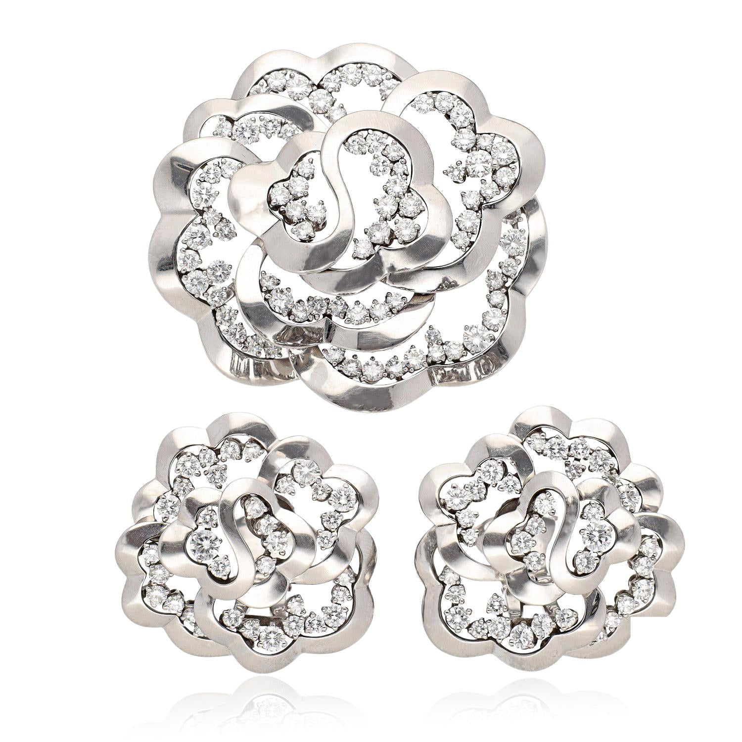 VAN CLEEF & ARPELS Diamond Camellia Brooch and Earrings