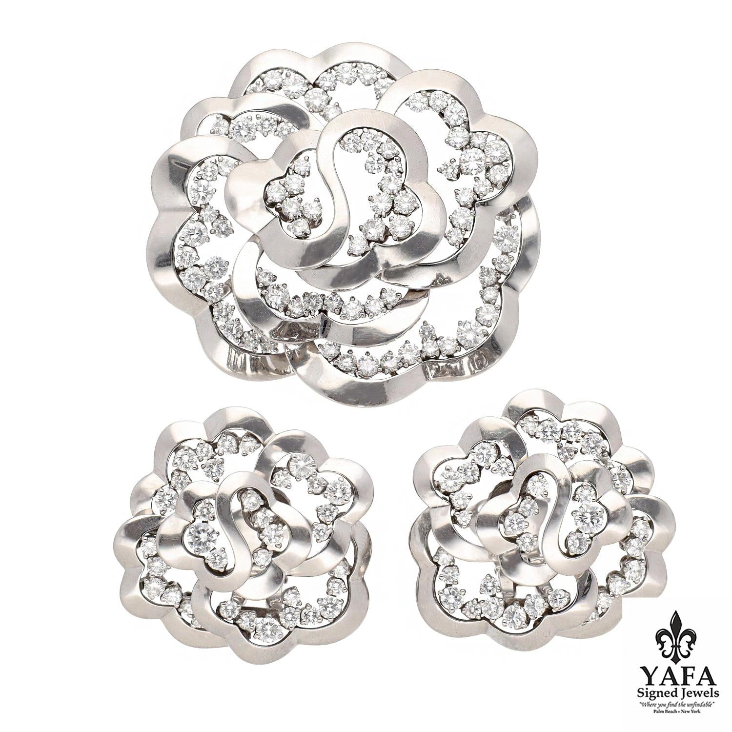 VAN CLEEF & ARPELS Diamond Camellia Brooch and Earrings