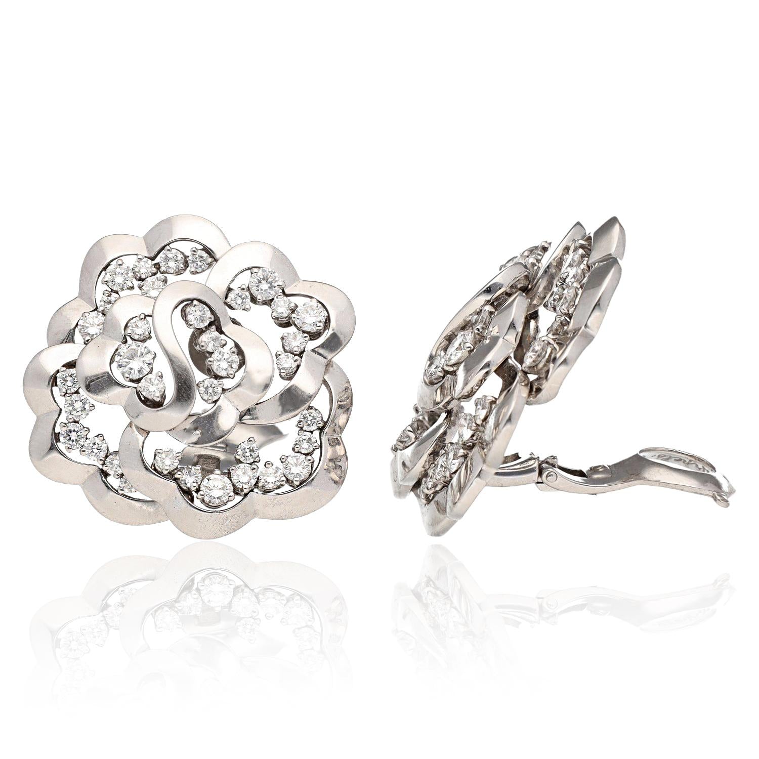 VAN CLEEF & ARPELS Diamond Camellia Brooch and Earrings