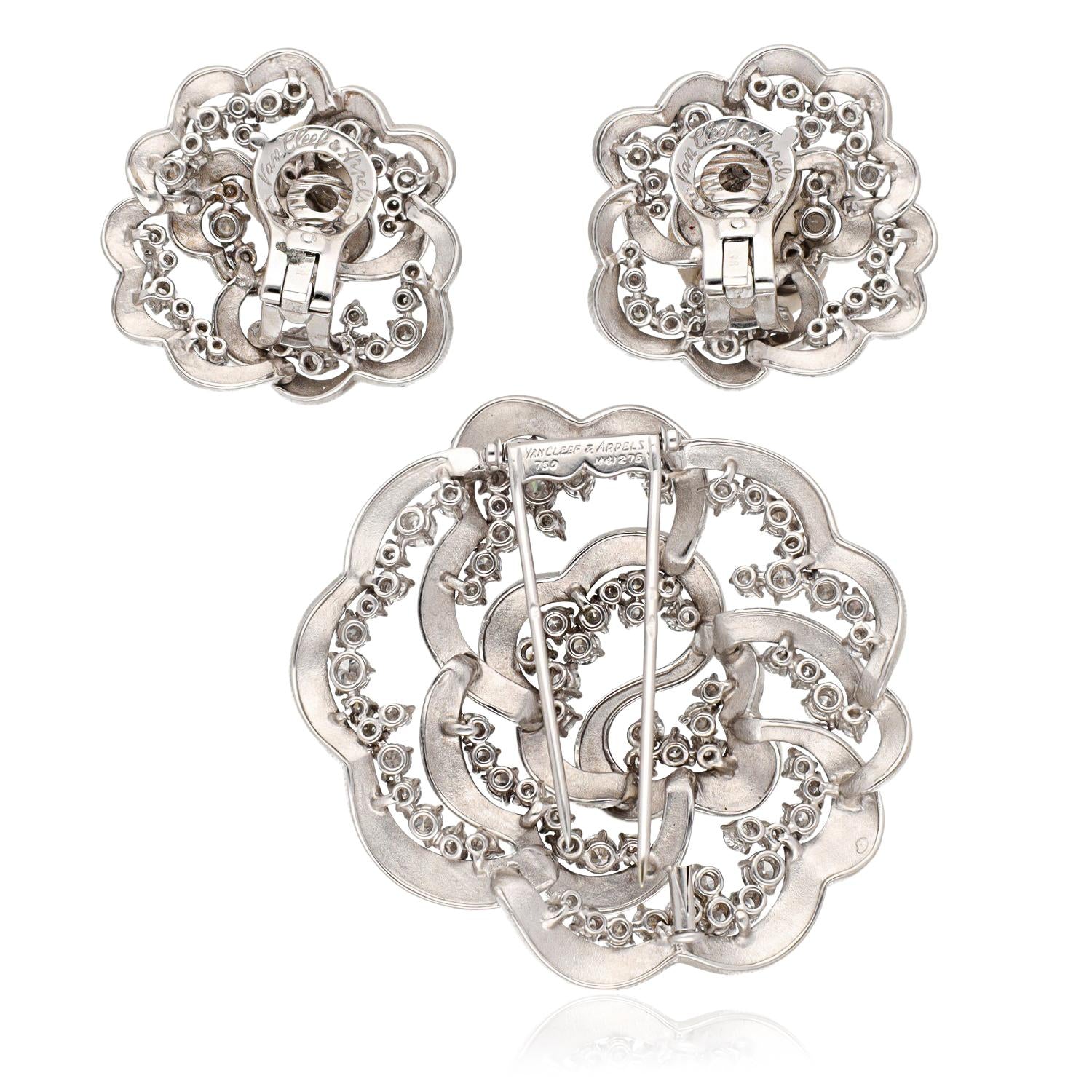 VAN CLEEF & ARPELS Diamond Camellia Brooch and Earrings