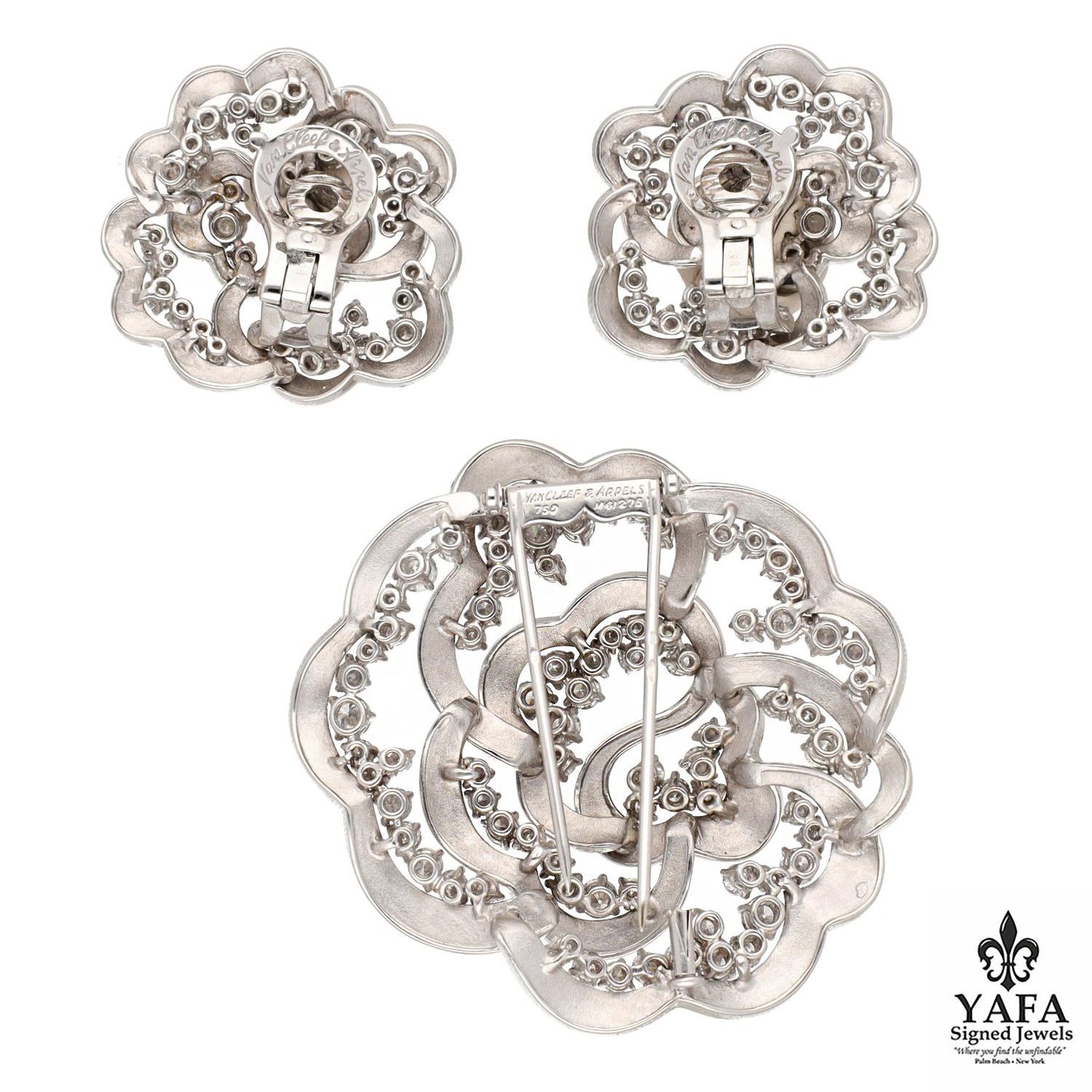 VAN CLEEF & ARPELS Diamond Camellia Brooch and Earrings