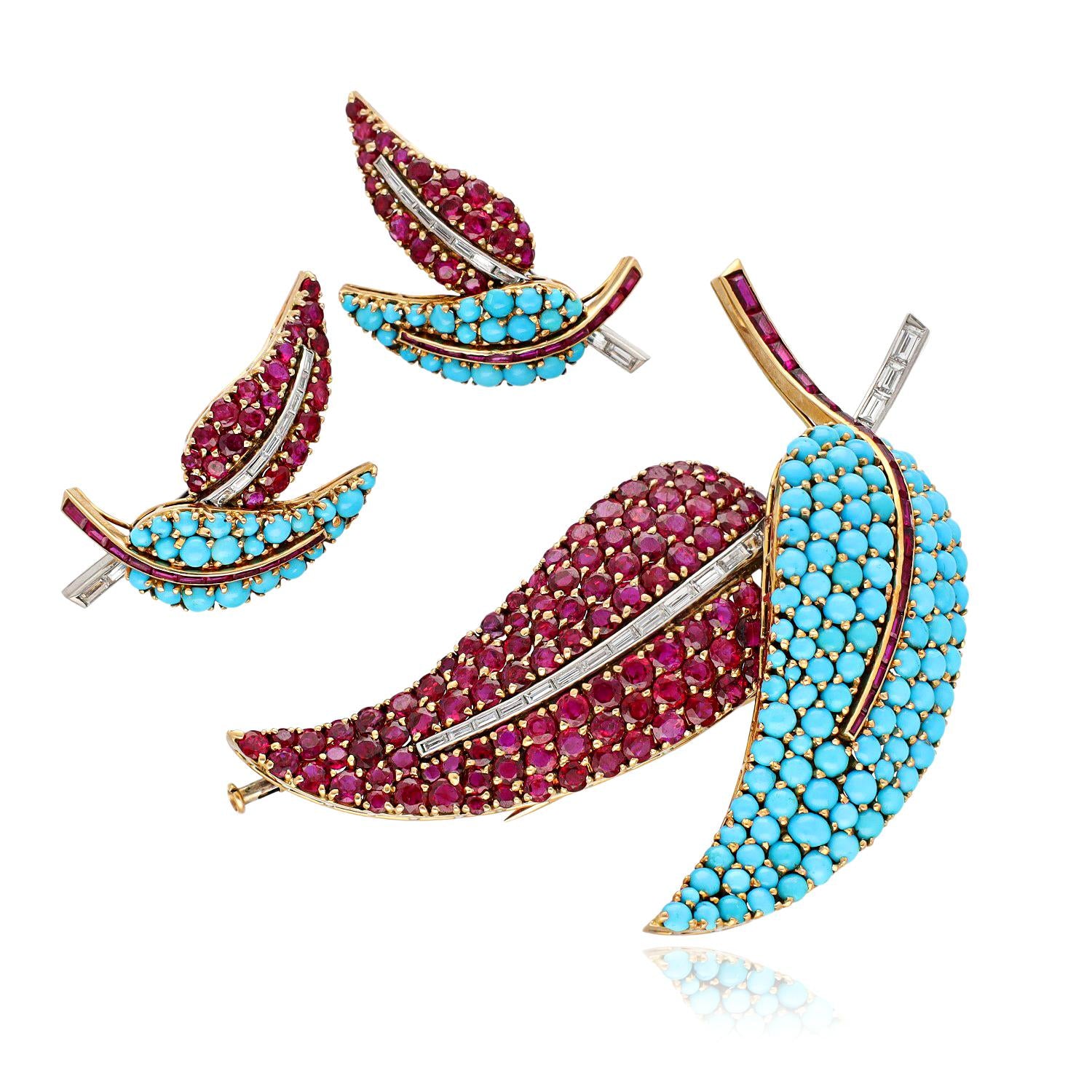 Turquoise, Ruby, and Diamond Leaf Brooch and Earrings Suite