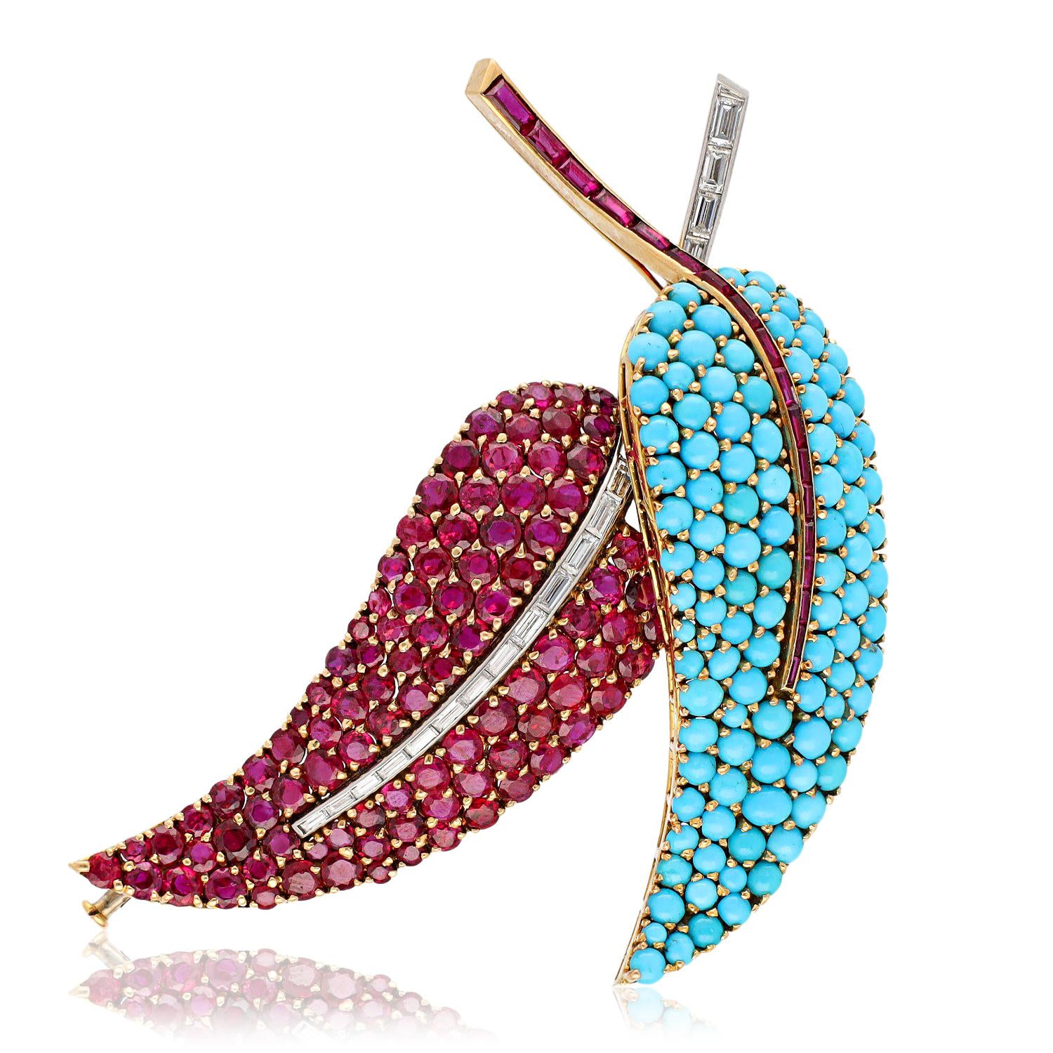 Turquoise, Ruby, and Diamond Leaf Brooch and Earrings Suite