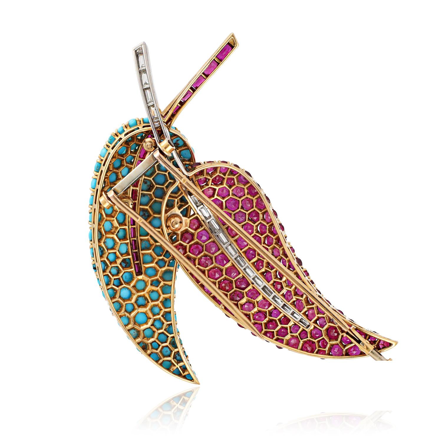 Turquoise, Ruby, and Diamond Leaf Brooch and Earrings Suite