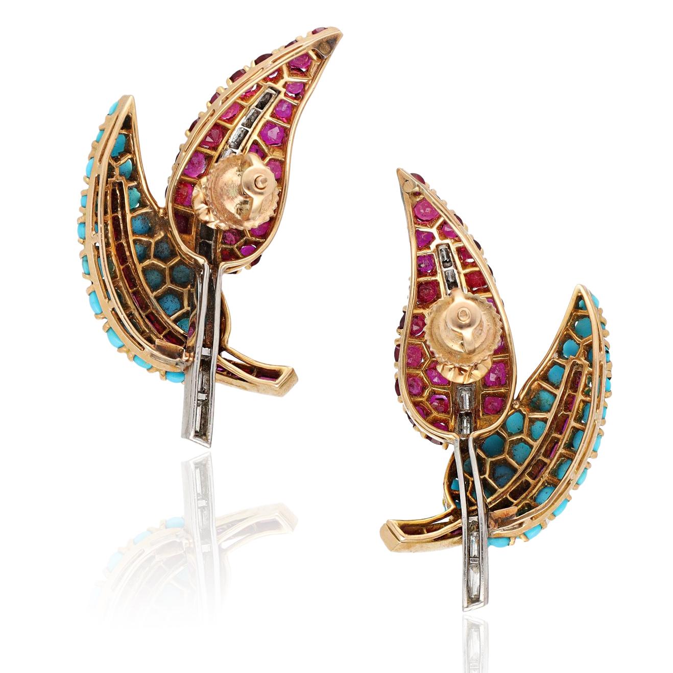 Turquoise, Ruby, and Diamond Leaf Brooch and Earrings Suite