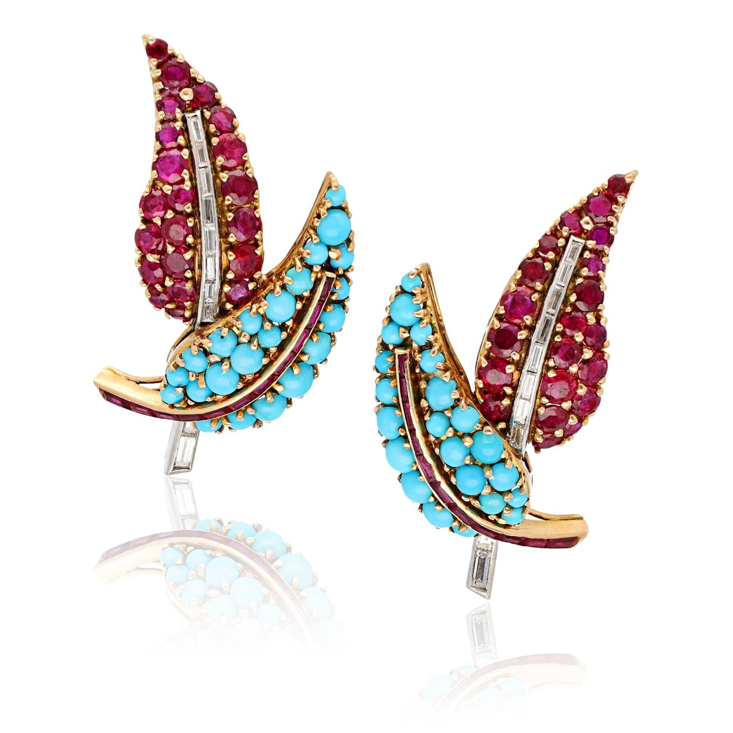 Turquoise, Ruby, and Diamond Leaf Brooch and Earrings Suite