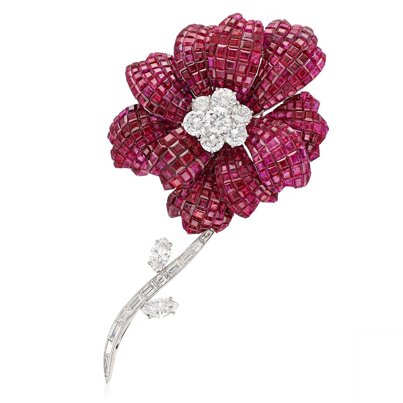 VAN CLEEF & ARPELS Platinum, Mystery-Set Ruby and Diamond Flower Brooch