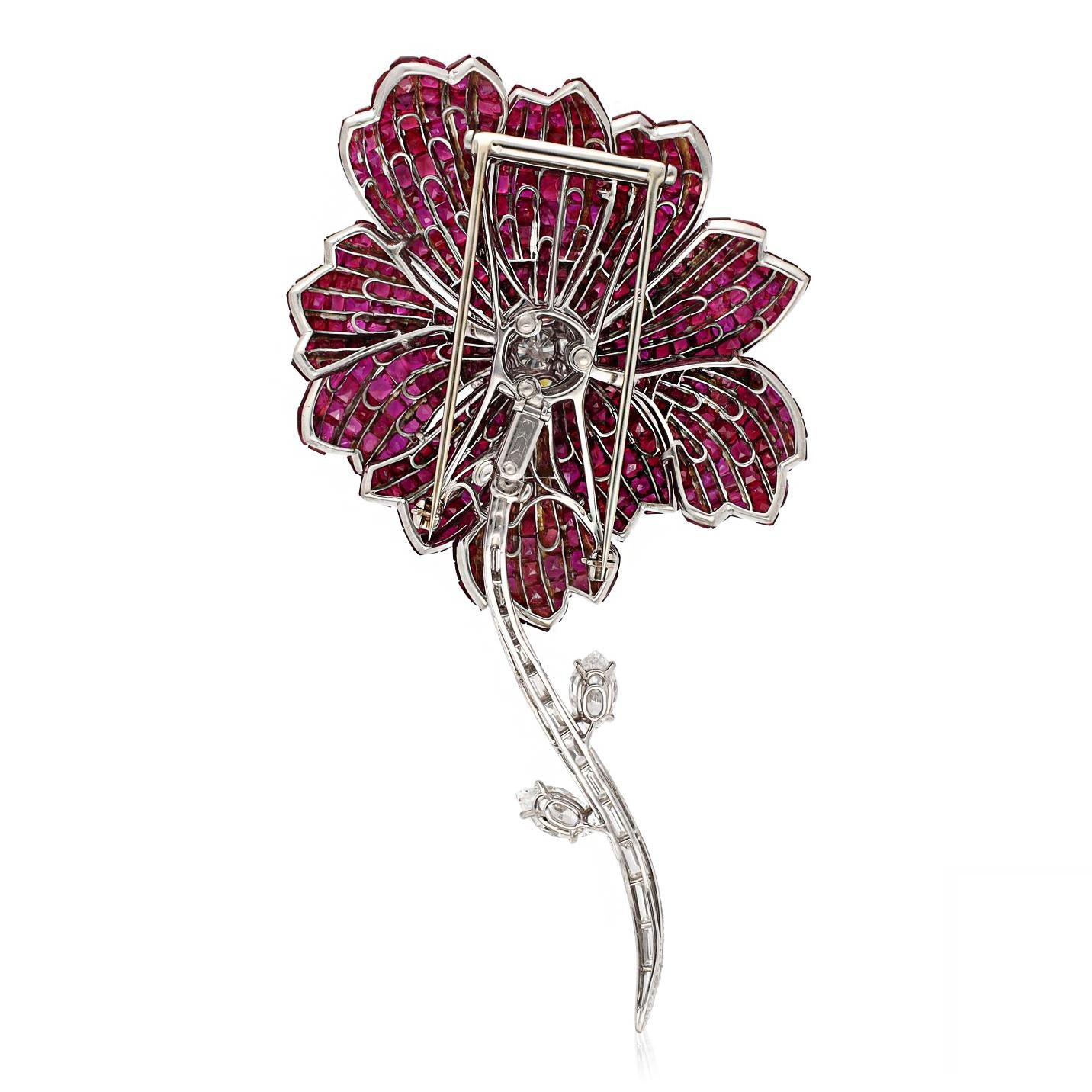 VAN CLEEF & ARPELS Platinum, Mystery-Set Ruby and Diamond Flower Brooch