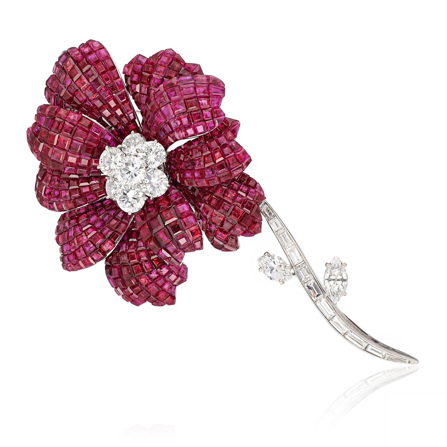 VAN CLEEF & ARPELS Platinum, Mystery-Set Ruby and Diamond Flower Brooch