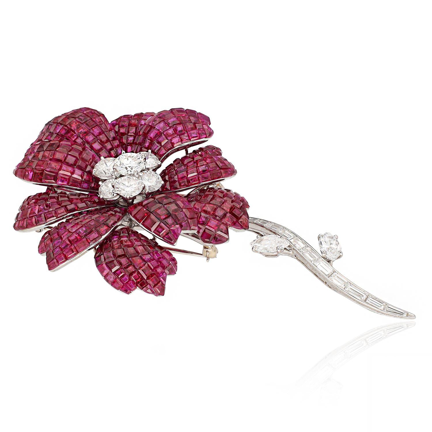 VAN CLEEF & ARPELS Platinum, Mystery-Set Ruby and Diamond Flower Brooch