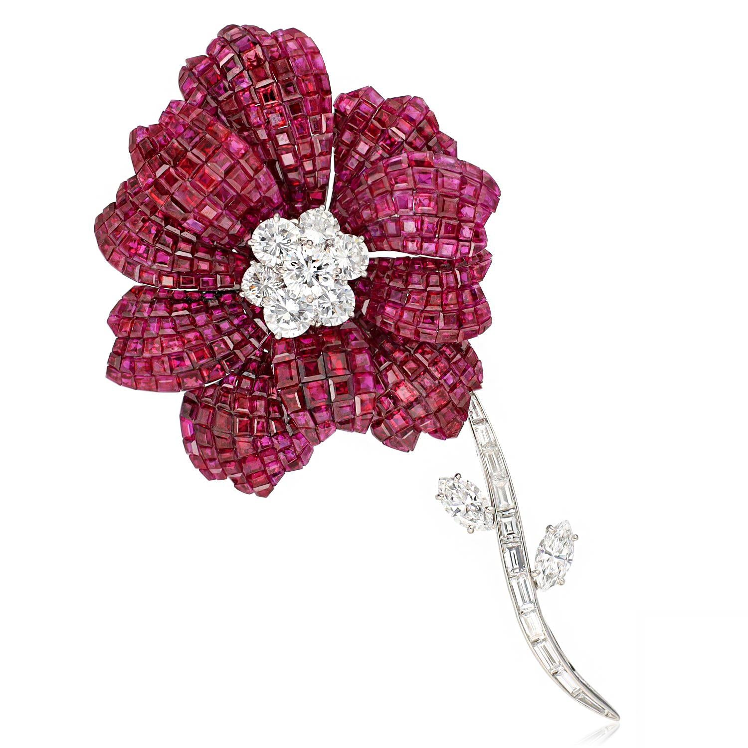 VAN CLEEF & ARPELS Platinum, Mystery-Set Ruby and Diamond Flower Brooch