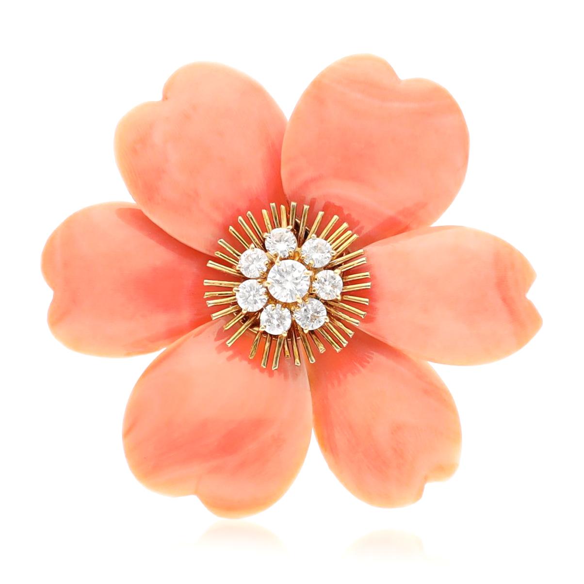 VAN CLEEF & ARPELS 18K Yellow Gold, Orange Coral and Diamond Rose de Noël Brooch