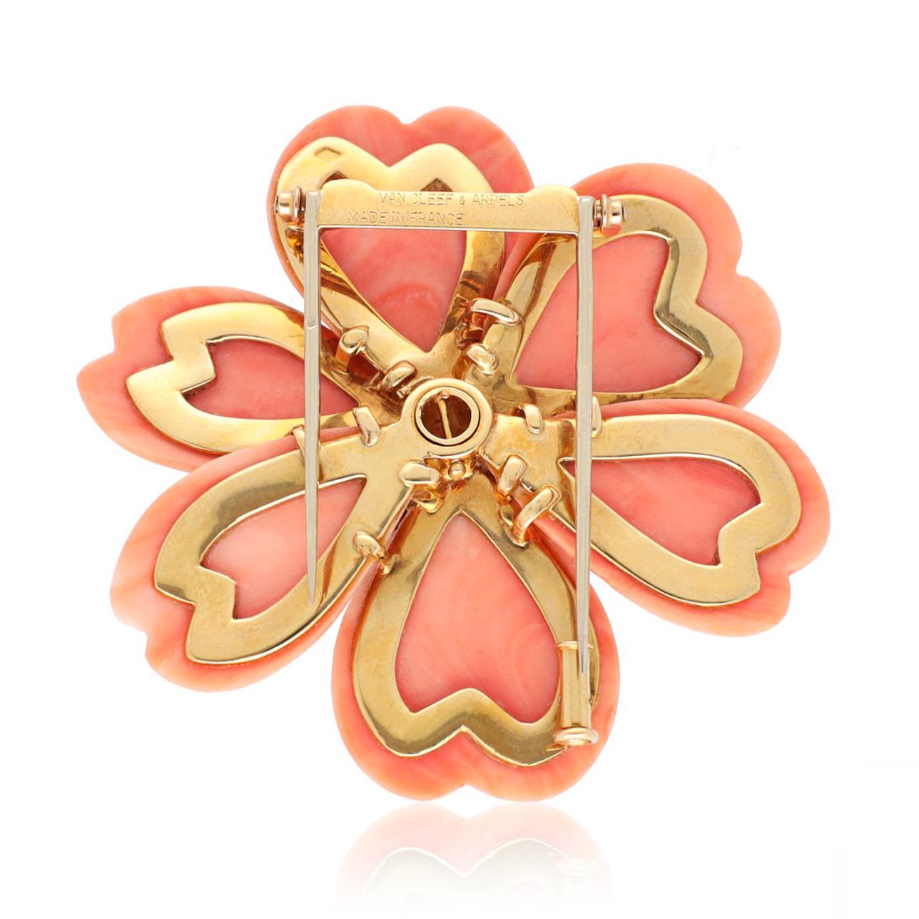 VAN CLEEF & ARPELS 18K Yellow Gold, Orange Coral and Diamond Rose de Noël Brooch