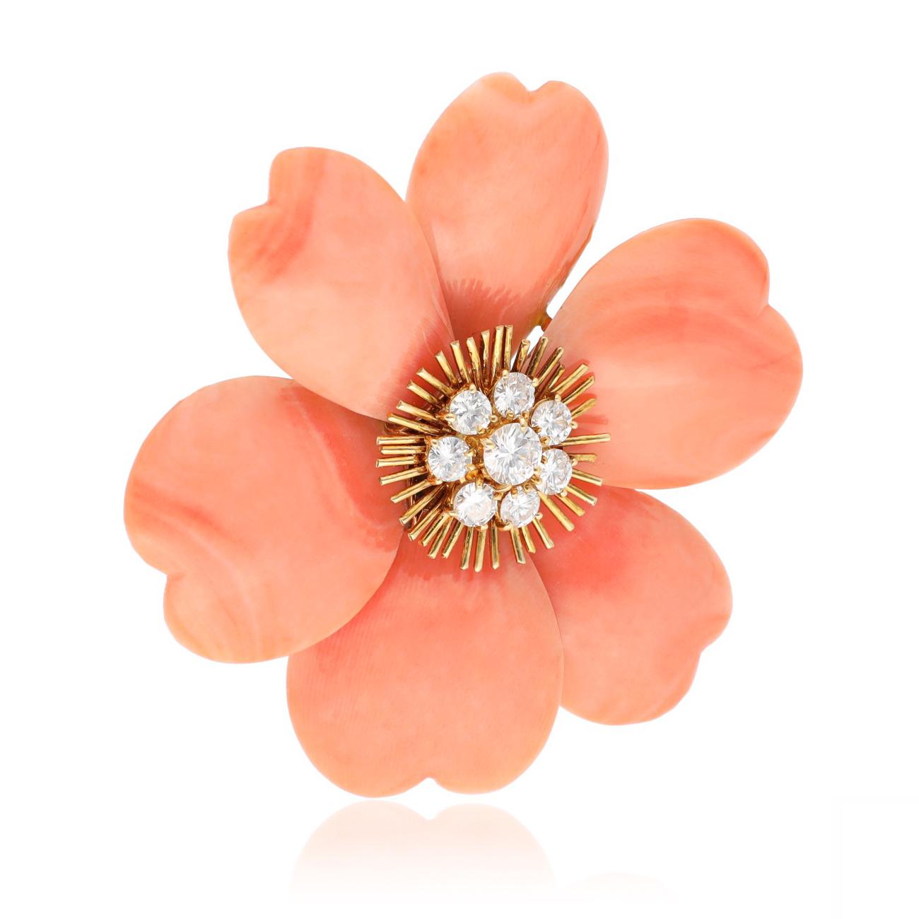 VAN CLEEF & ARPELS 18K Yellow Gold, Orange Coral and Diamond Rose de Noël Brooch
