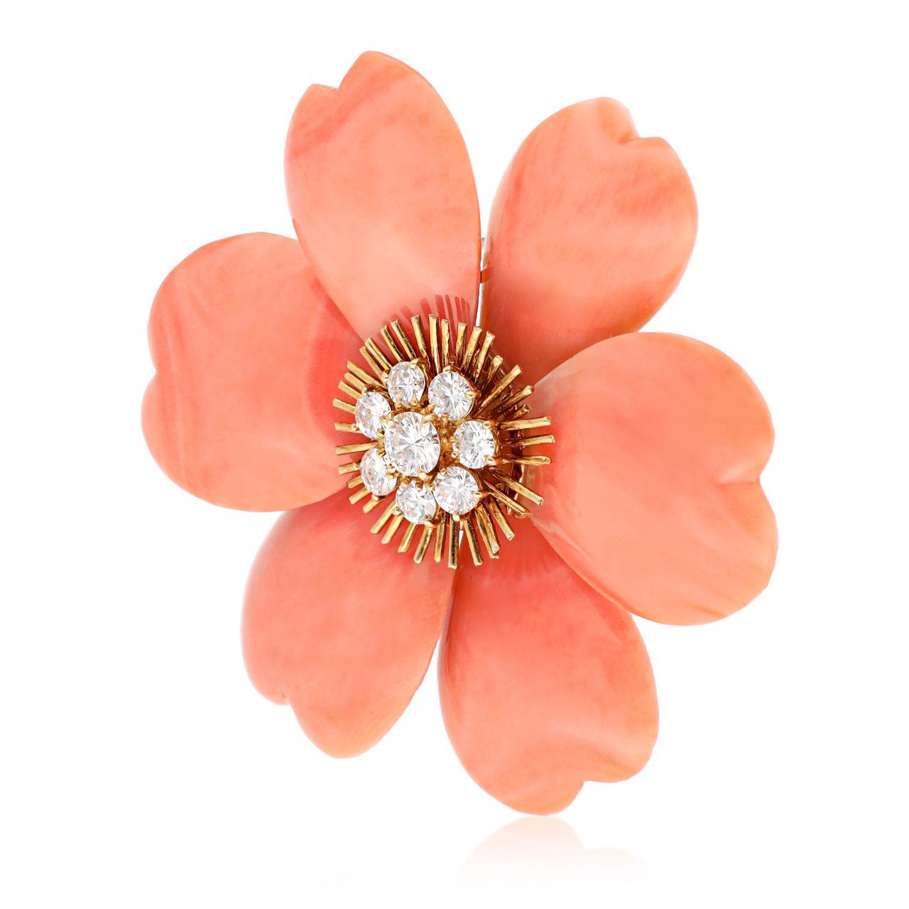 VAN CLEEF & ARPELS 18K Yellow Gold, Orange Coral and Diamond Rose de Noël Brooch