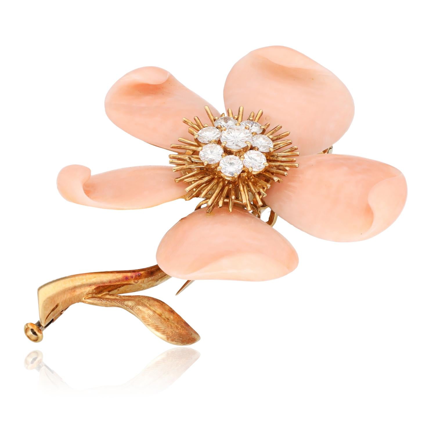 VAN CLEEF & ARPELS Rose De Noel Coral and Diamond Brooch