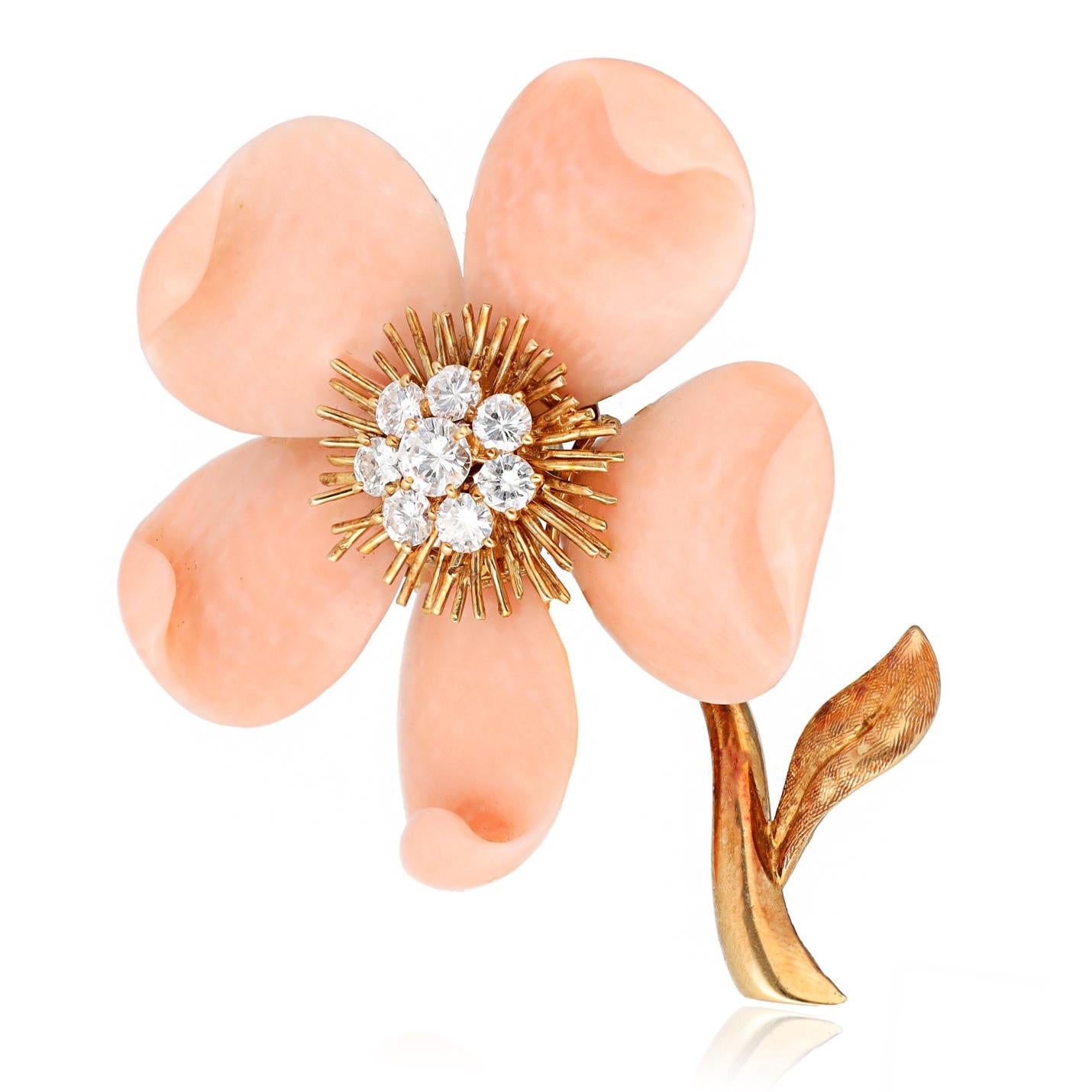 VAN CLEEF & ARPELS Rose De Noel Coral and Diamond Brooch