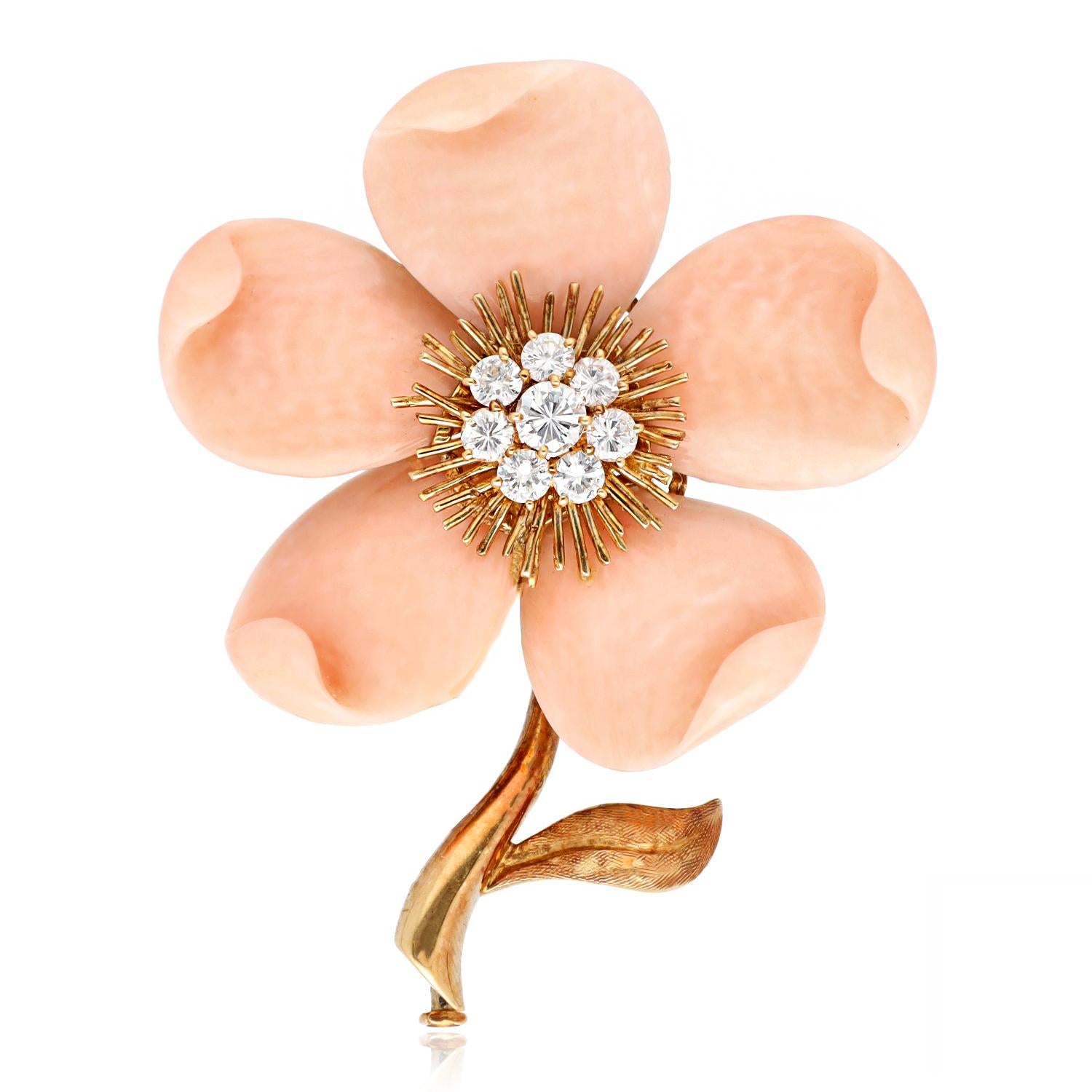 VAN CLEEF & ARPELS Rose De Noel Coral and Diamond Brooch