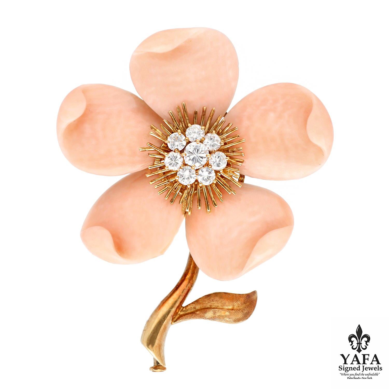 VAN CLEEF & ARPELS Rose De Noel Coral and Diamond Brooch