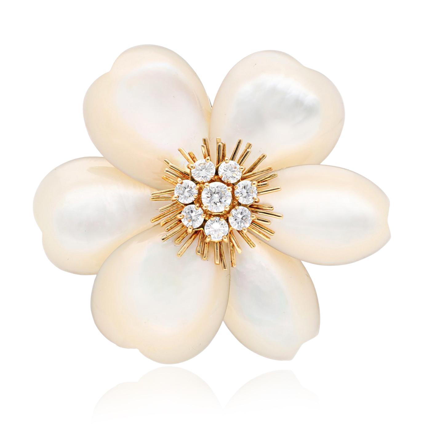 VAN CLEEF & ARPELS 18K Gold, Diamond and Mother of Pearl Rose de Noël Brooch