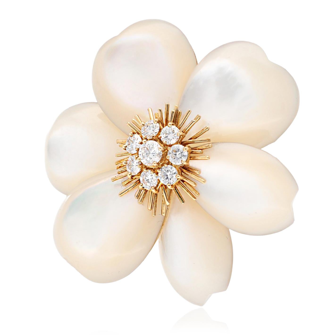 VAN CLEEF & ARPELS 18K Gold, Diamond and Mother of Pearl Rose de Noël Brooch