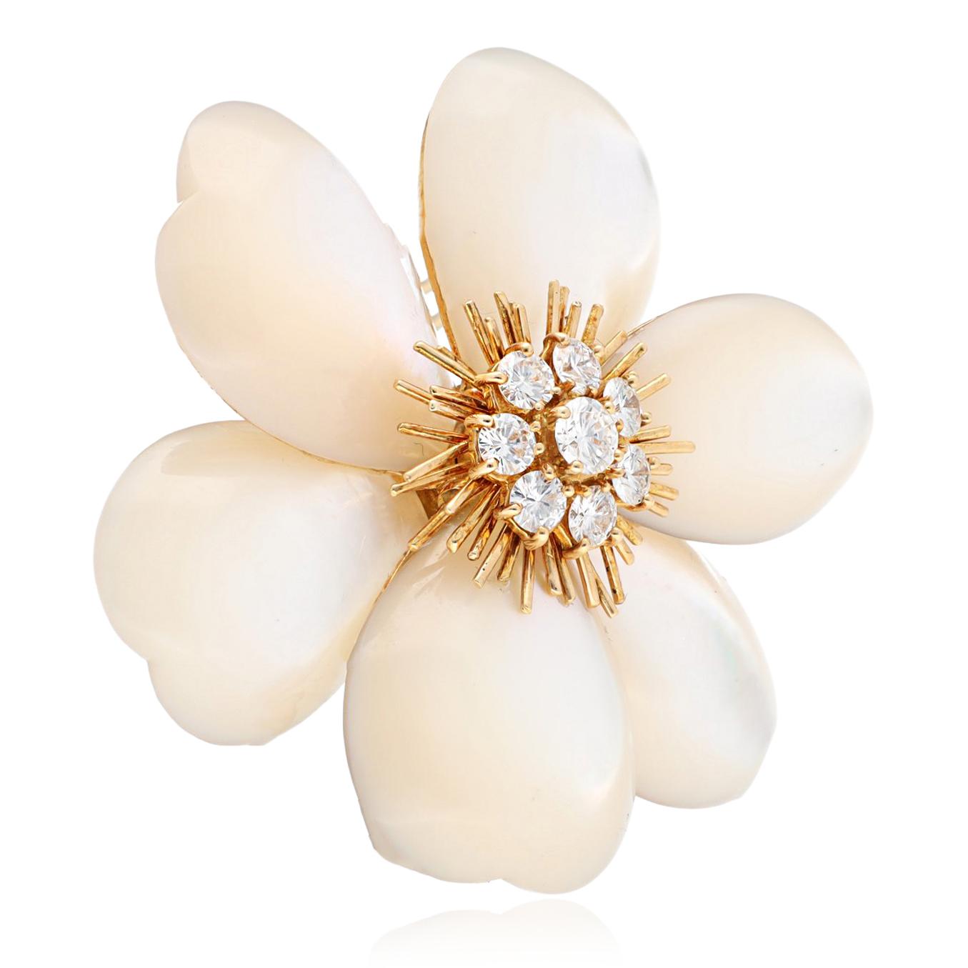 VAN CLEEF & ARPELS 18K Gold, Diamond and Mother of Pearl Rose de Noël Brooch